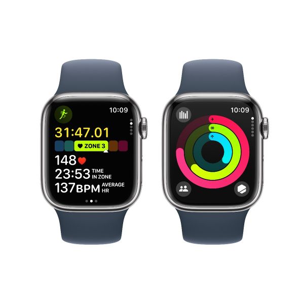 Apple Watch Series 9 41毫米GPS + 流動網路銀色不銹鋼錶殼配風暴藍色