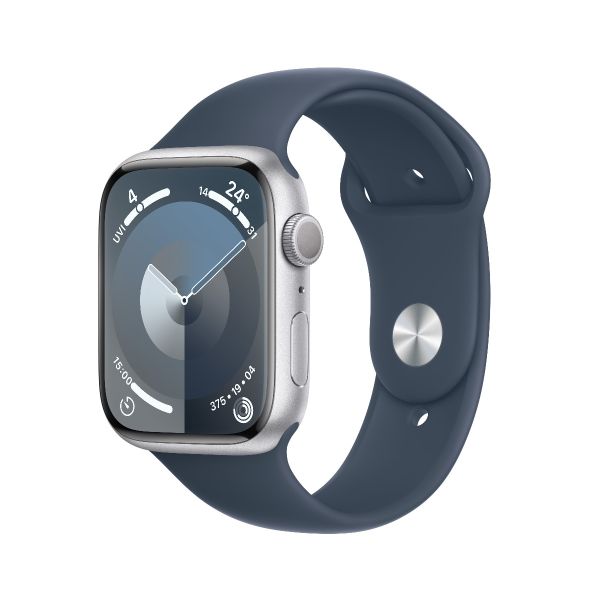 Apple Watch Series 9 45毫米GPS 銀色鋁金屬錶殼配風暴藍色運動型錶帶
